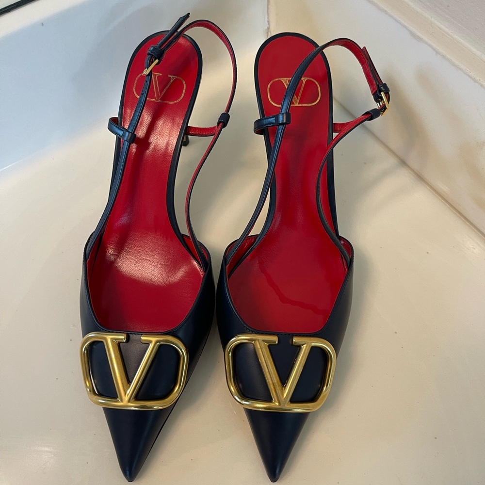 Valentino Women's Red and Navy Heels with Gold Detail